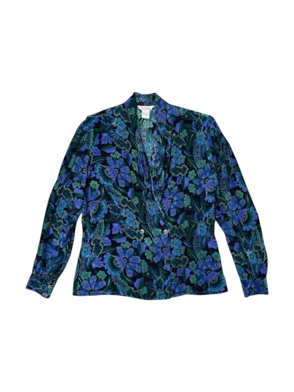 Vintage Paul Stanley Silk Blouse Women’s Size Small Blue‎ Green Floral